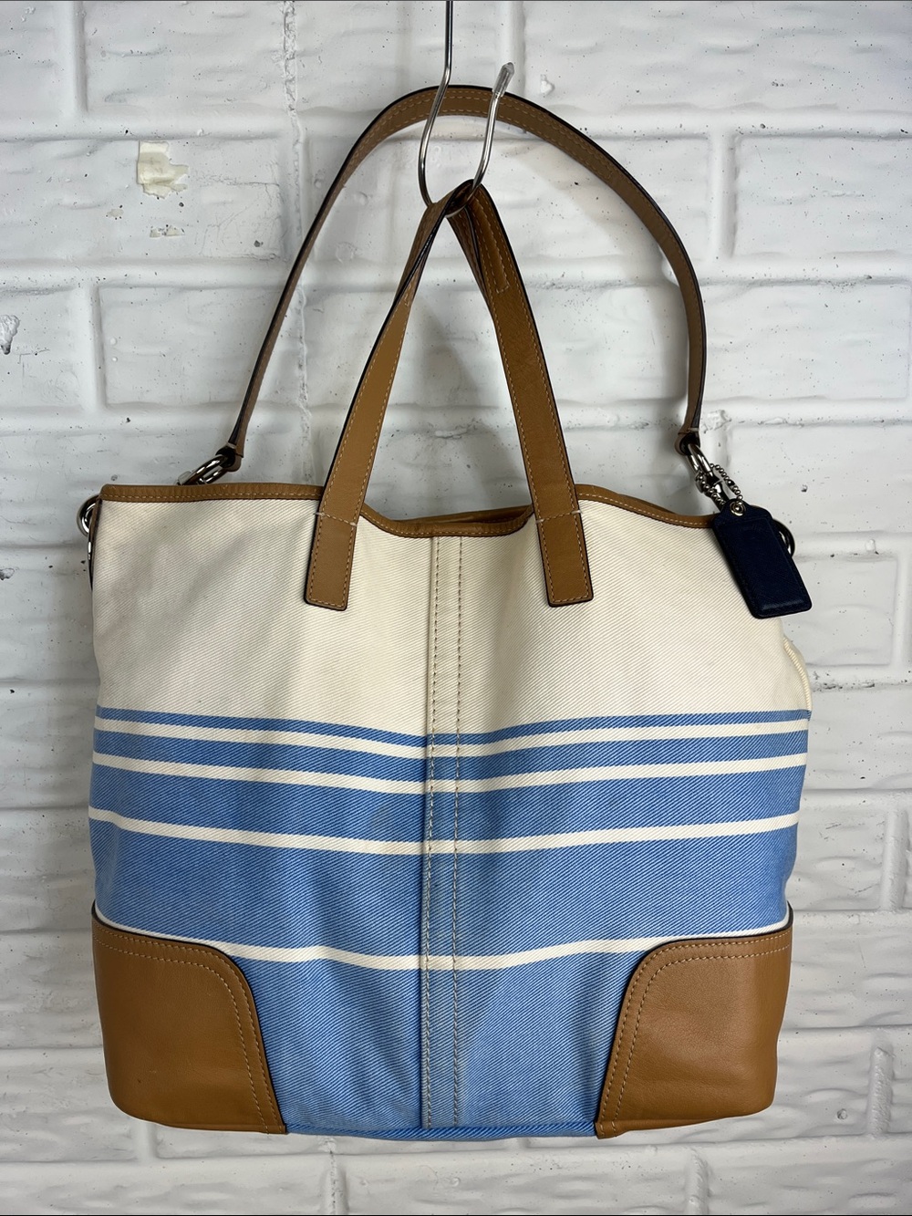 COACH HADLEY CANVAS AND LEATHER STRIPE TOTE BAG BLUE CREAM AND TAN